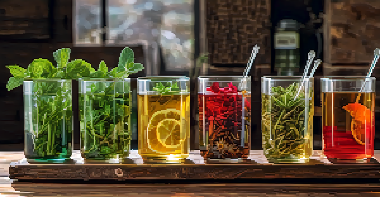 A variety of colorful herbal teas in glass cups with fresh herbs around them on a wooden table.