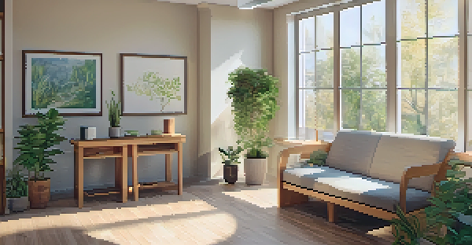 A tranquil naturopathic clinic with wooden furniture and plants, where a practitioner is talking to a patient in a warm, sunlit environment.