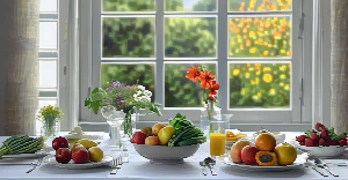 A beautifully set dining table with fresh fruits and vegetables, illuminated by natural light, promoting a mindful eating experience.