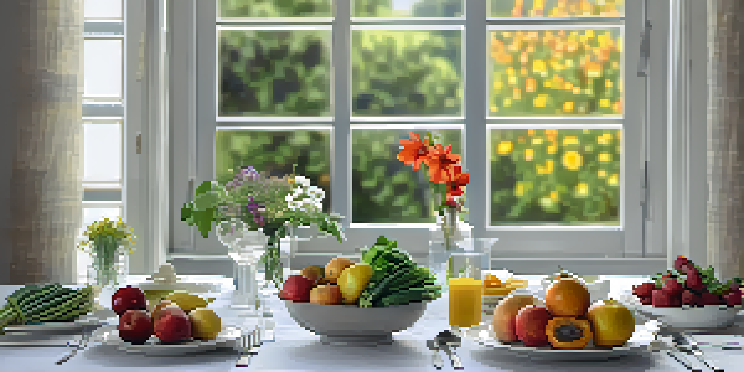 A beautifully set dining table with fresh fruits and vegetables, illuminated by natural light, promoting a mindful eating experience.