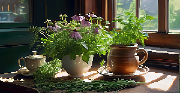 A wooden table with fresh herbs like echinacea and garlic, a steaming cup of herbal tea, and warm sunlight illuminating the scene.