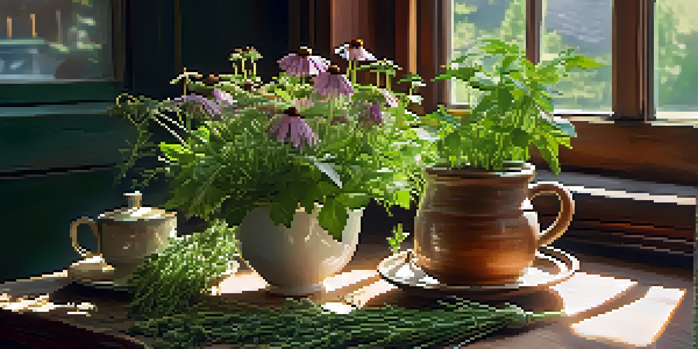 A wooden table with fresh herbs like echinacea and garlic, a steaming cup of herbal tea, and warm sunlight illuminating the scene.