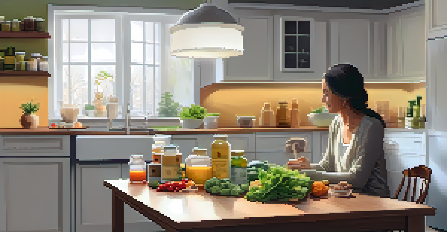 A naturopathic practitioner discussing nutrition with a patient in a softly lit kitchen, surrounded by healthy foods and supplements.