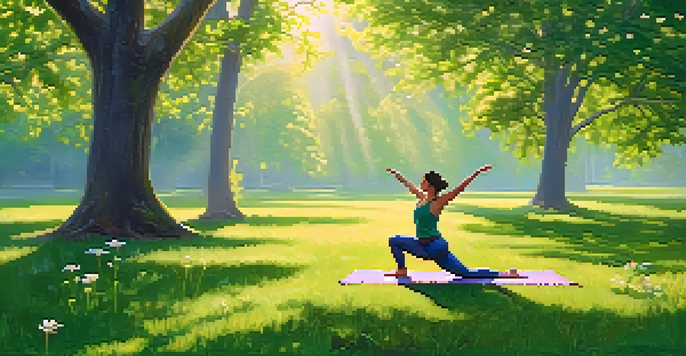 A person doing yoga in a green park at sunrise, surrounded by flowers and trees.