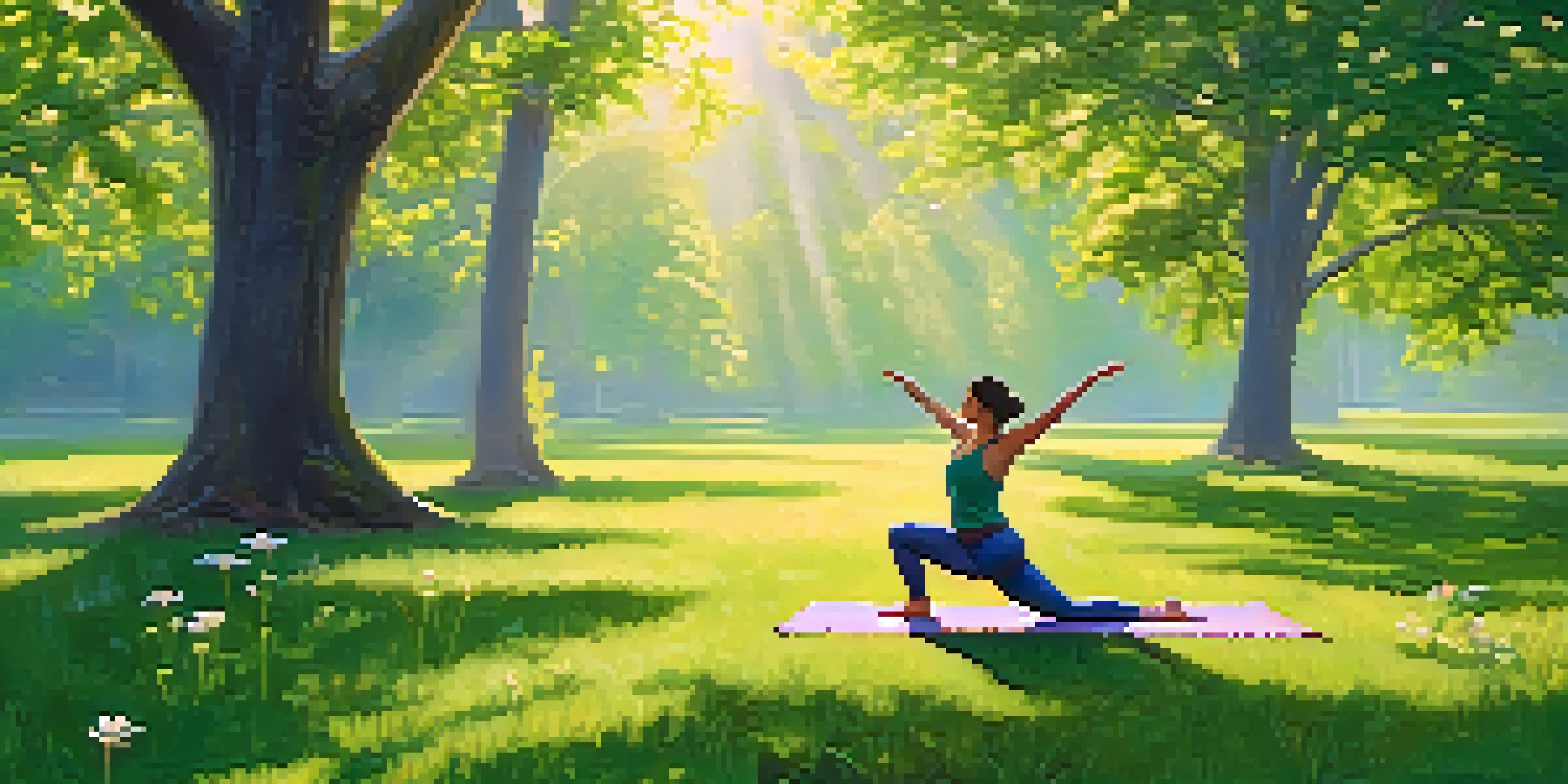 A person doing yoga in a green park at sunrise, surrounded by flowers and trees.