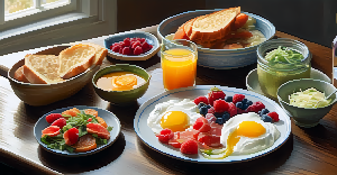 A breakfast table displaying yogurt with berries, a glass of kombucha, and a dish of sauerkraut and kimchi, illuminated by soft morning light.