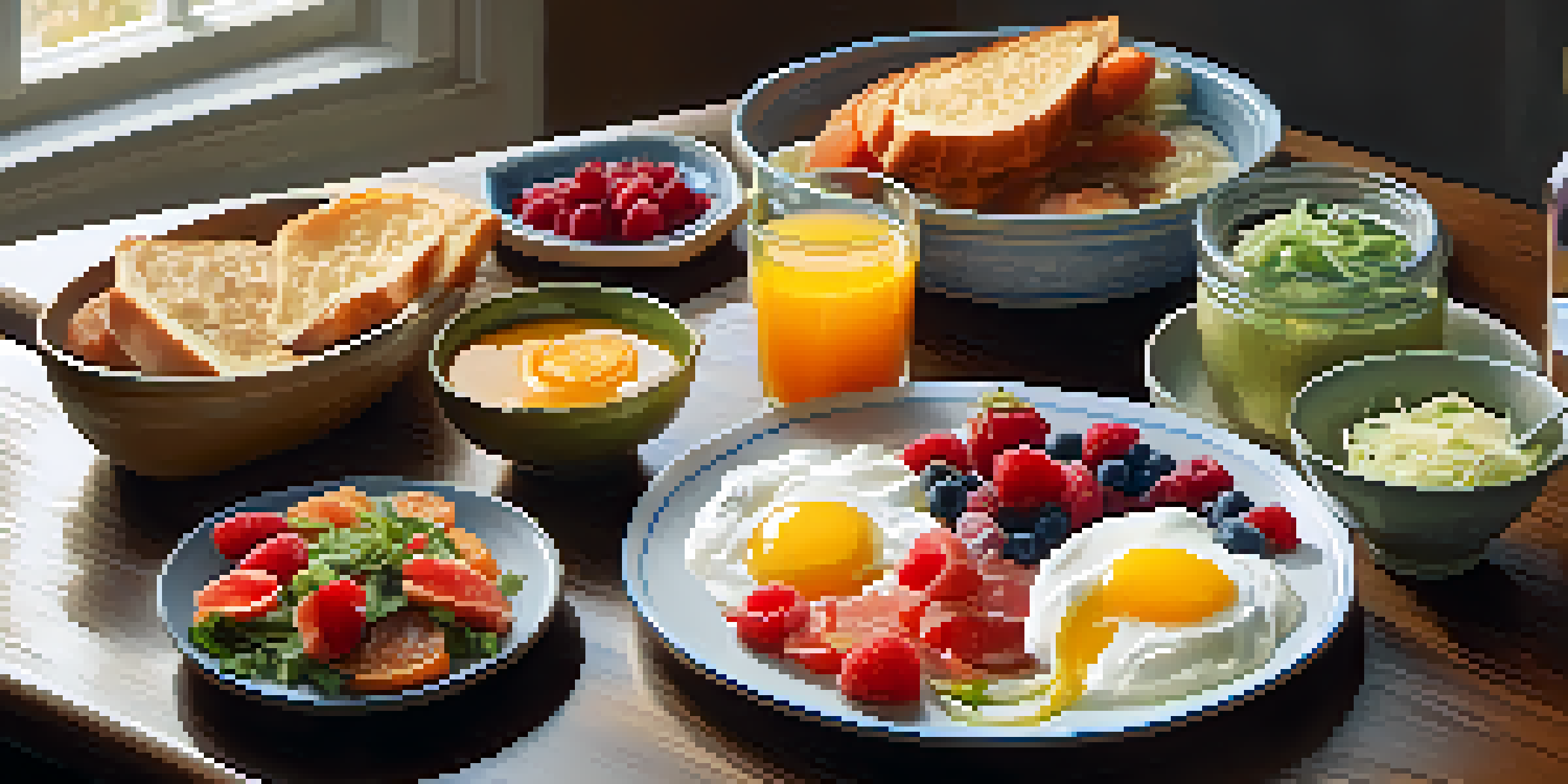 A breakfast table displaying yogurt with berries, a glass of kombucha, and a dish of sauerkraut and kimchi, illuminated by soft morning light.
