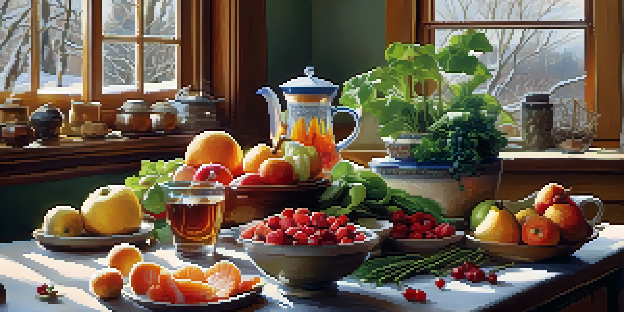 A warm and inviting kitchen with a wooden table filled with healthy foods like fruits, vegetables, and a cup of tea, illuminated by sunlight.