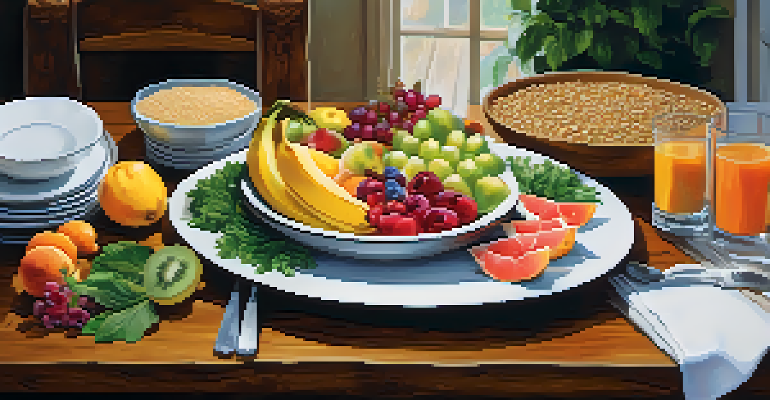 A colorful and healthy meal spread on a rustic wooden table, showcasing fruits, vegetables, and lean proteins.