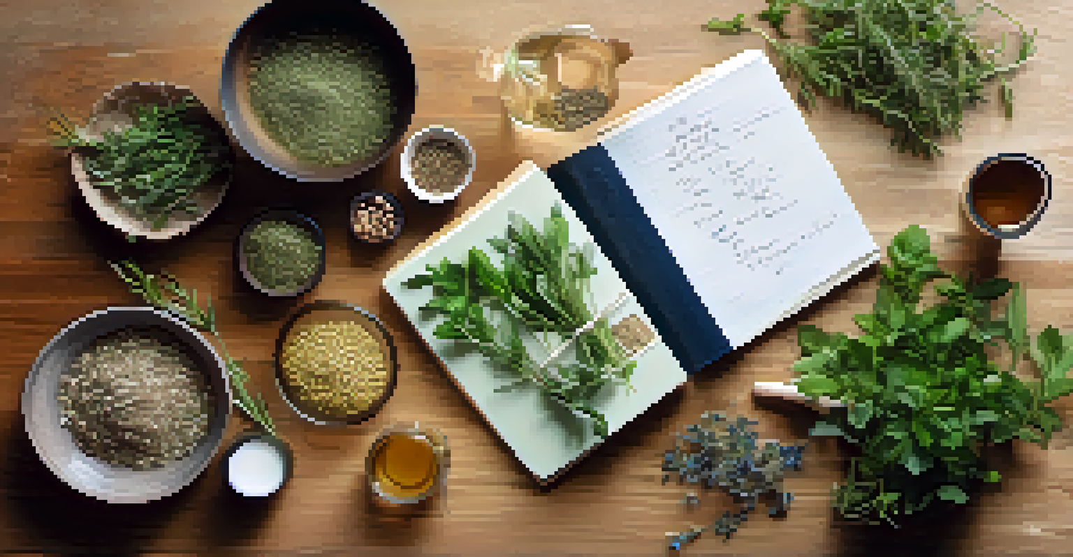 A wooden table displaying herbs, supplements, and notes, illuminated by soft morning light.
