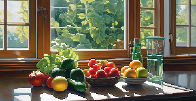 A bright kitchen with a wooden table displaying a variety of fresh fruits and vegetables, illuminated by natural light from a window.