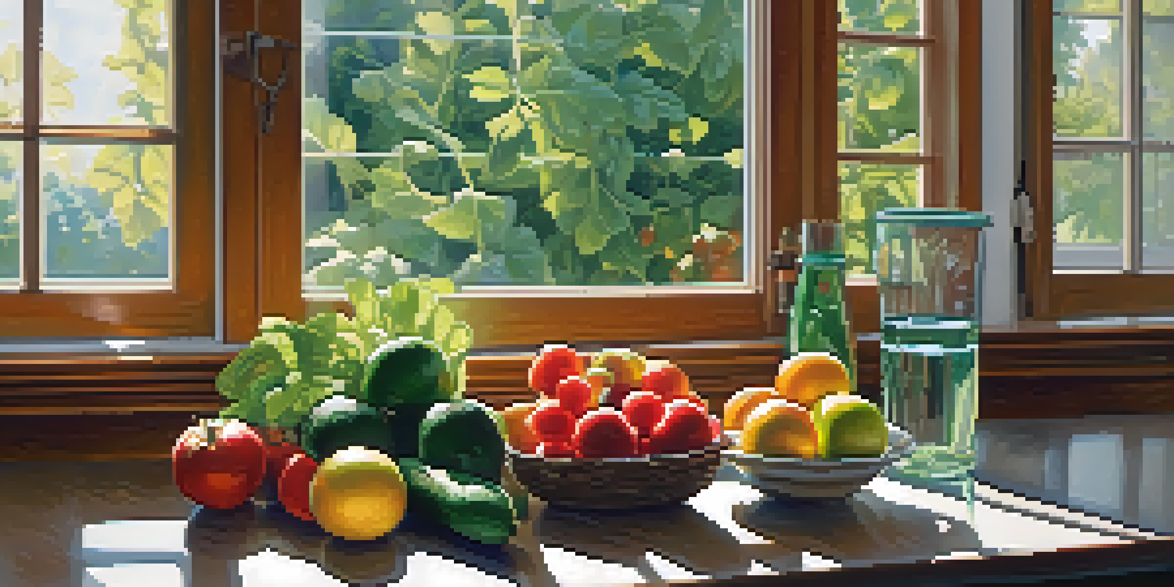A bright kitchen with a wooden table displaying a variety of fresh fruits and vegetables, illuminated by natural light from a window.