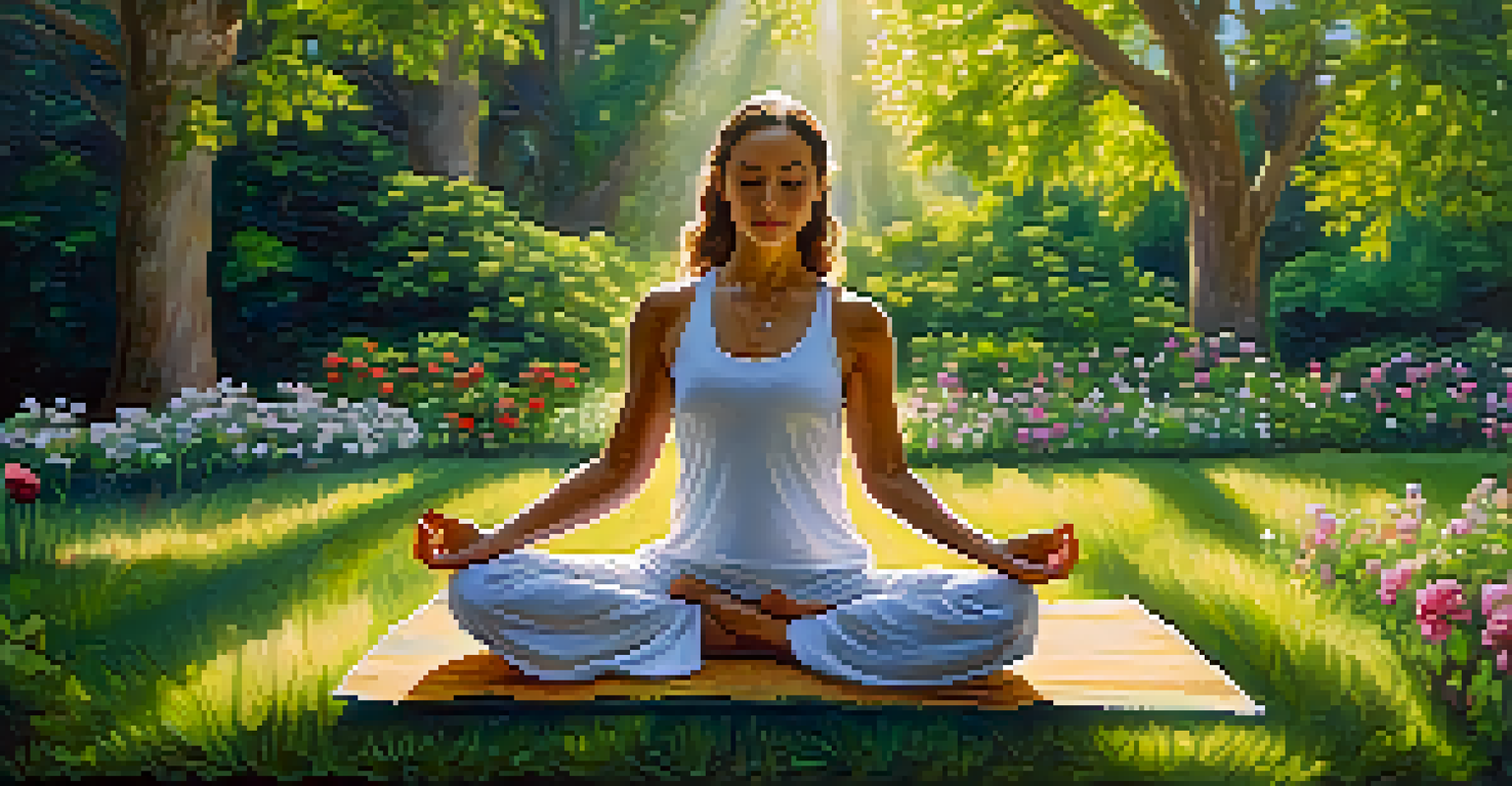 A person practicing yoga in a beautiful garden, surrounded by flowers and greenery, with sunlight filtering through the trees.