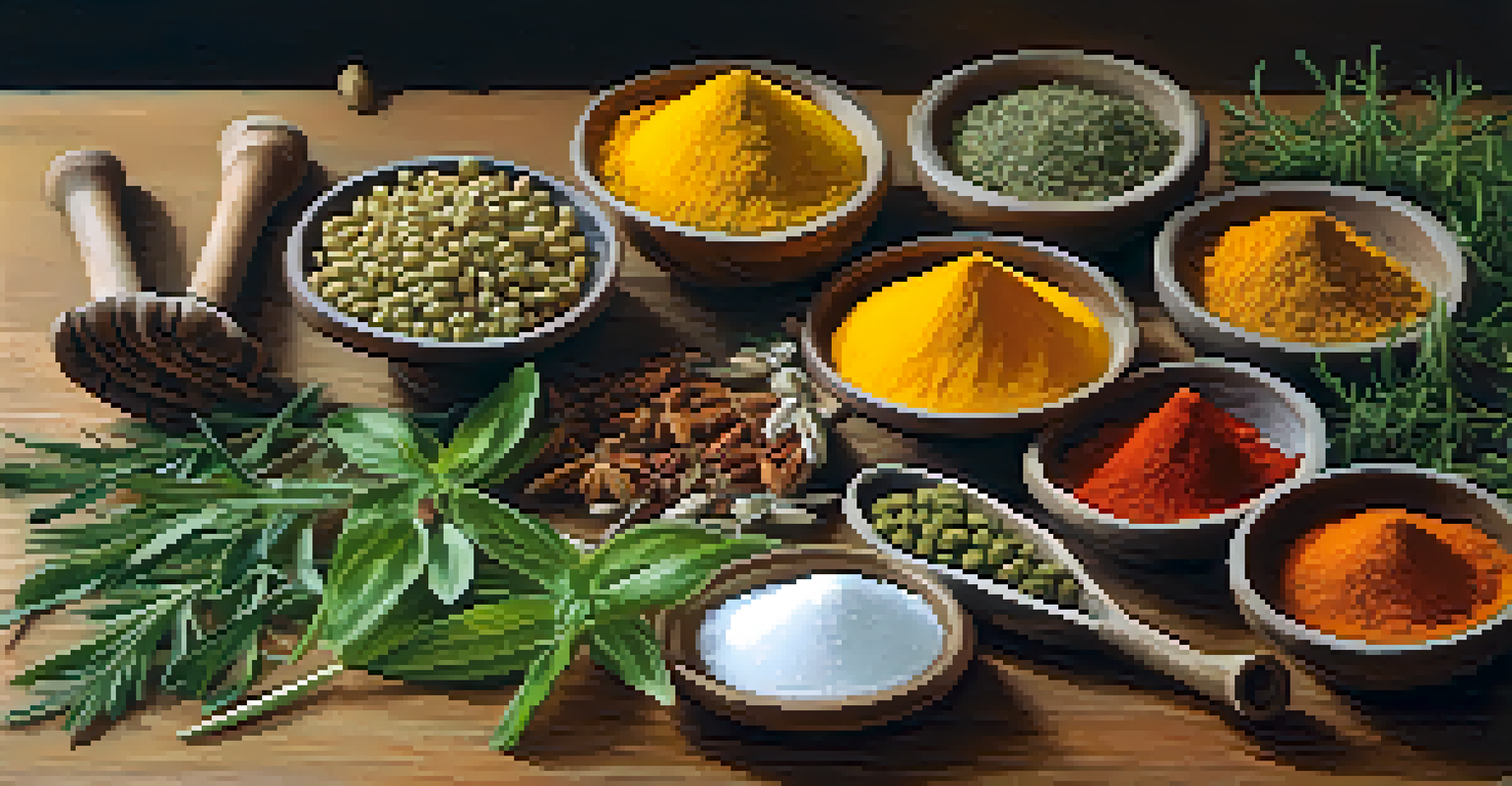 A close-up view of colorful herbs and spices on a wooden table, with a mortar and pestle beside them.