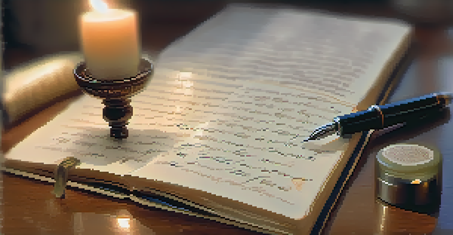 A close-up of a hand writing in a journal with a fountain pen, surrounded by calming elements like a candle and small stones.