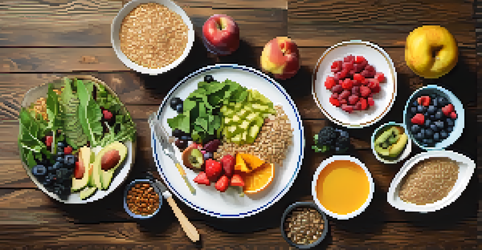A colorful, nutritious meal displayed on a wooden table, featuring fruits, leafy greens, whole grains, and lean proteins.