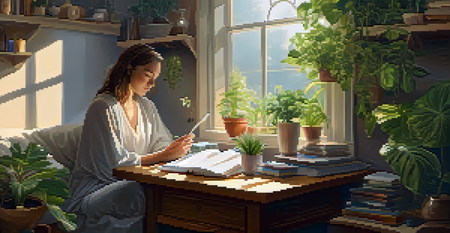 A person journaling in a cozy space filled with plants and sunlight.