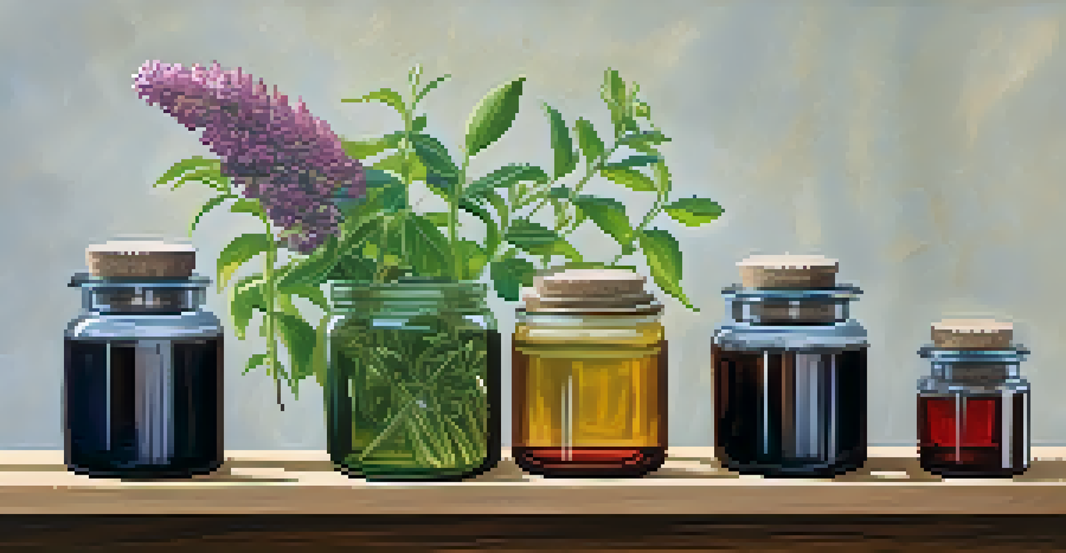 A shelf showcasing herbal supplements in glass jars, with a focus on vitex and red clover, illuminated by soft lighting.
