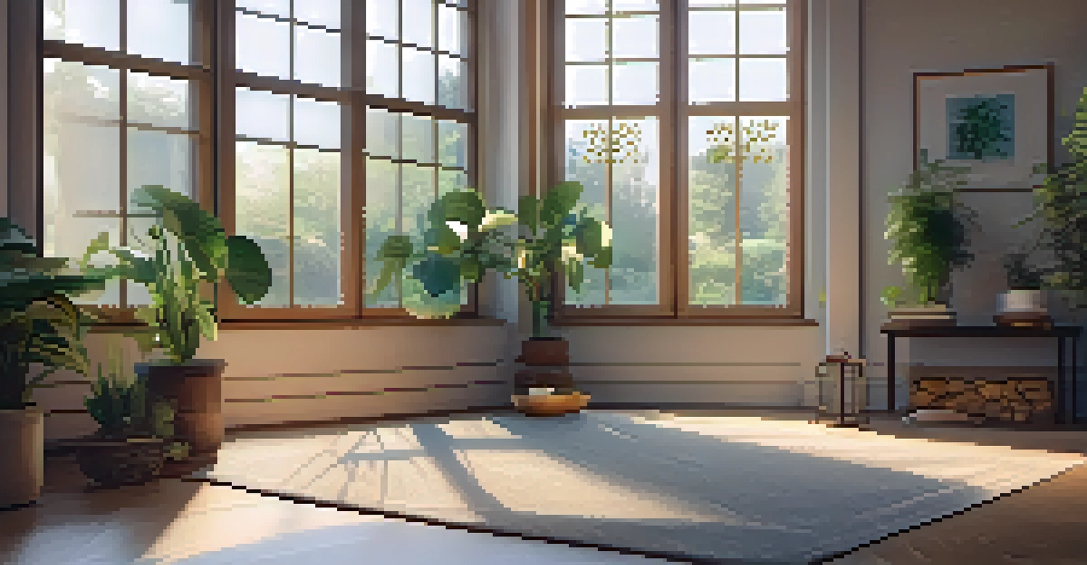 A cozy meditation space with cushions, candles, and plants, illuminated by natural light from a large window.