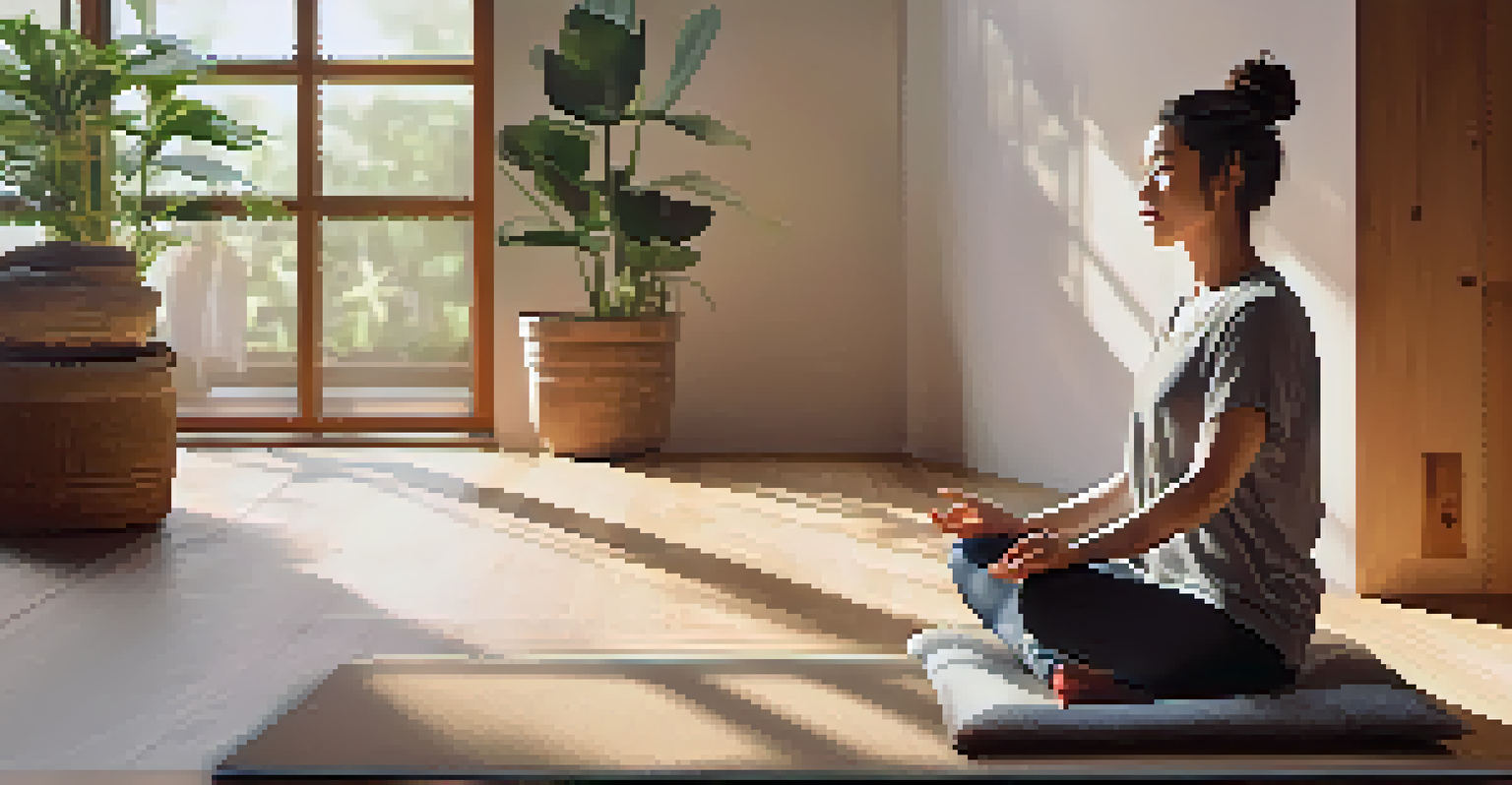 A tranquil meditation area with a person meditating on a mat, surrounded by cushions and plants, illuminated by natural light.