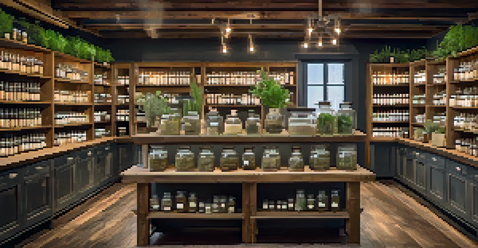 A cozy herbal apothecary with shelves of jars containing dried herbs and spices, illuminated by warm lighting.
