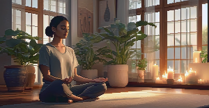A peaceful indoor meditation space with a person meditating on a cushion surrounded by plants and soft lighting.