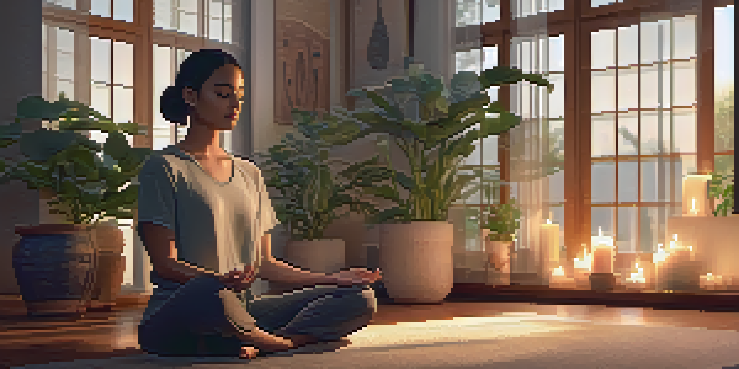 A peaceful indoor meditation space with a person meditating on a cushion surrounded by plants and soft lighting.
