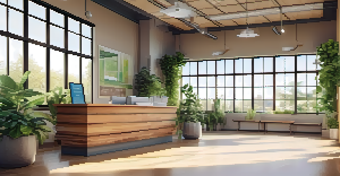An eco-friendly reception area of a naturopathic clinic with plants, sunlight, and a recycling bin.