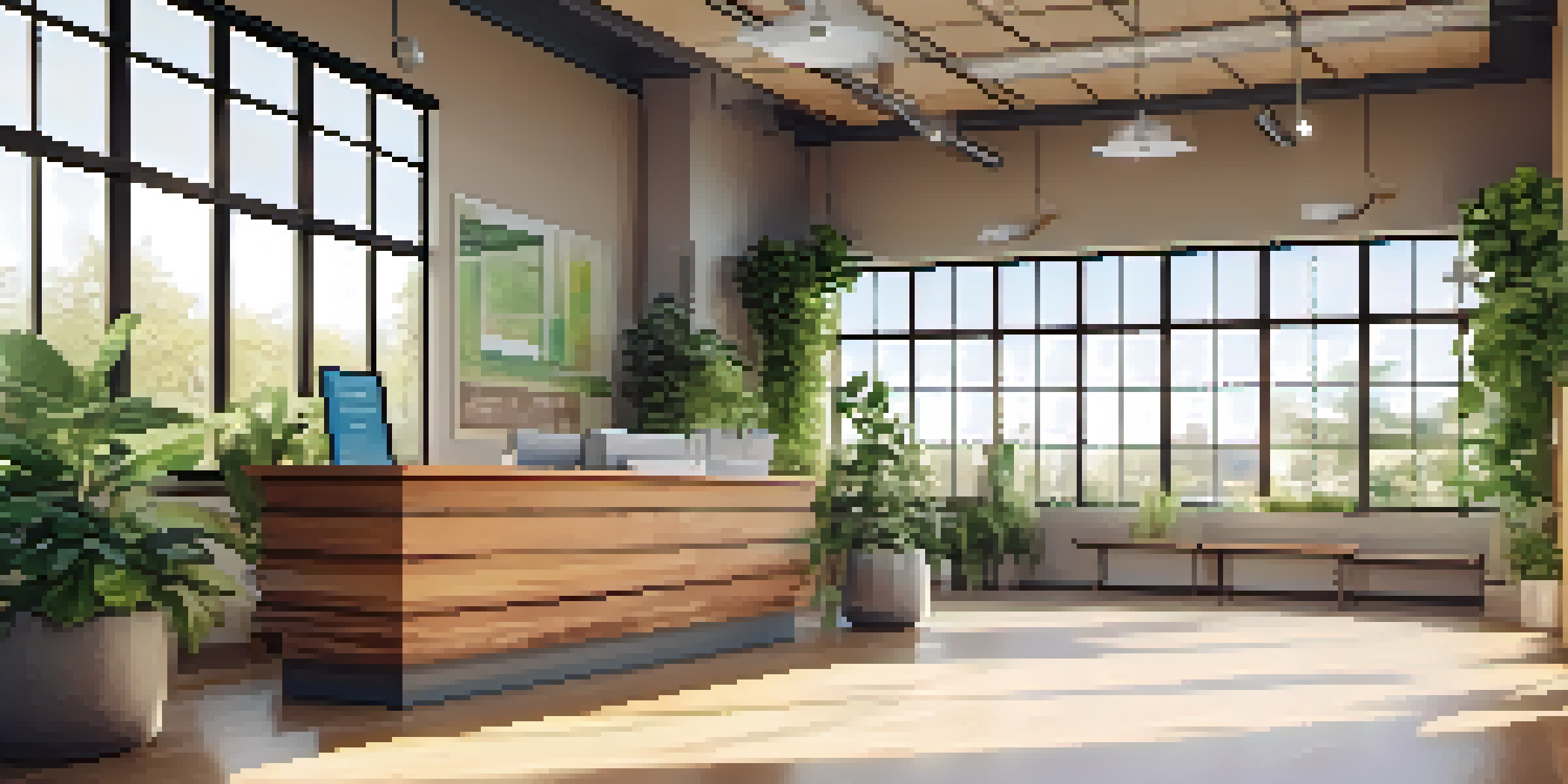 An eco-friendly reception area of a naturopathic clinic with plants, sunlight, and a recycling bin.
