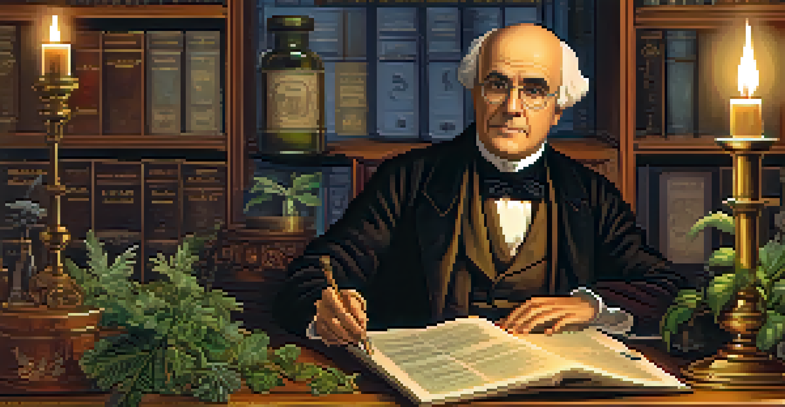 A historical depiction of Samuel Hahnemann surrounded by books and natural remedies in a vintage medical setting.