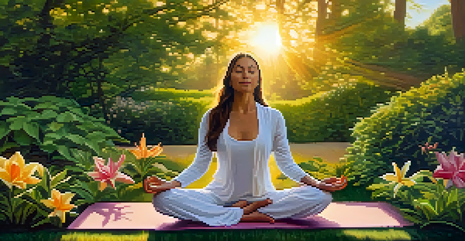 A woman practicing yoga in a colorful garden during sunset, surrounded by flowers and greenery, representing emotional well-being.