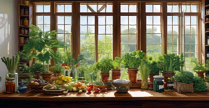 A bright room with plants, herbal remedies, and a table full of fruits and vegetables, creating a peaceful ambiance.