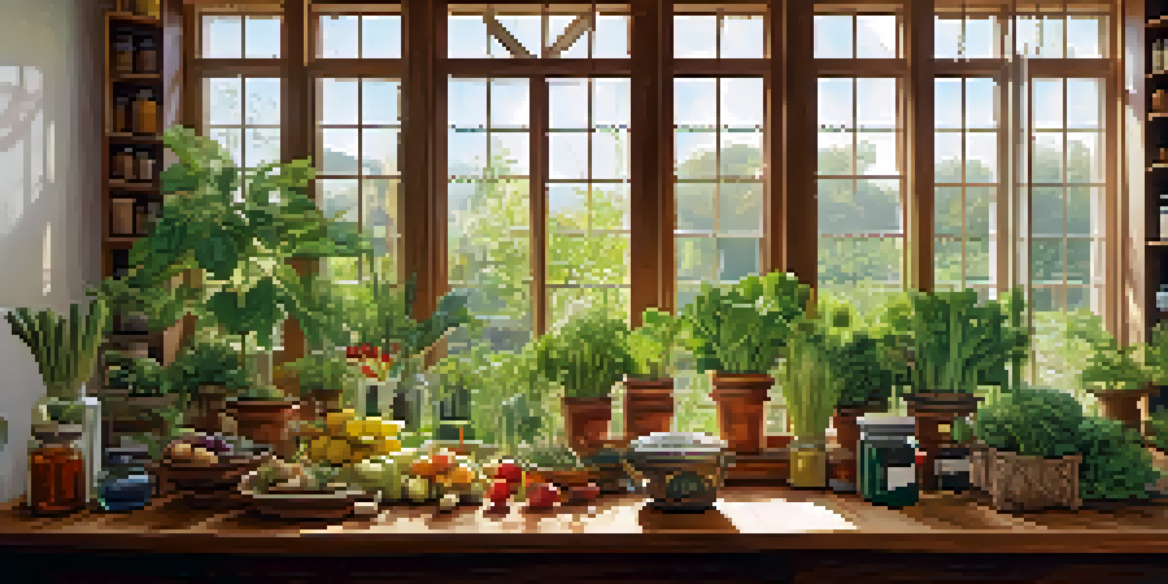 A bright room with plants, herbal remedies, and a table full of fruits and vegetables, creating a peaceful ambiance.