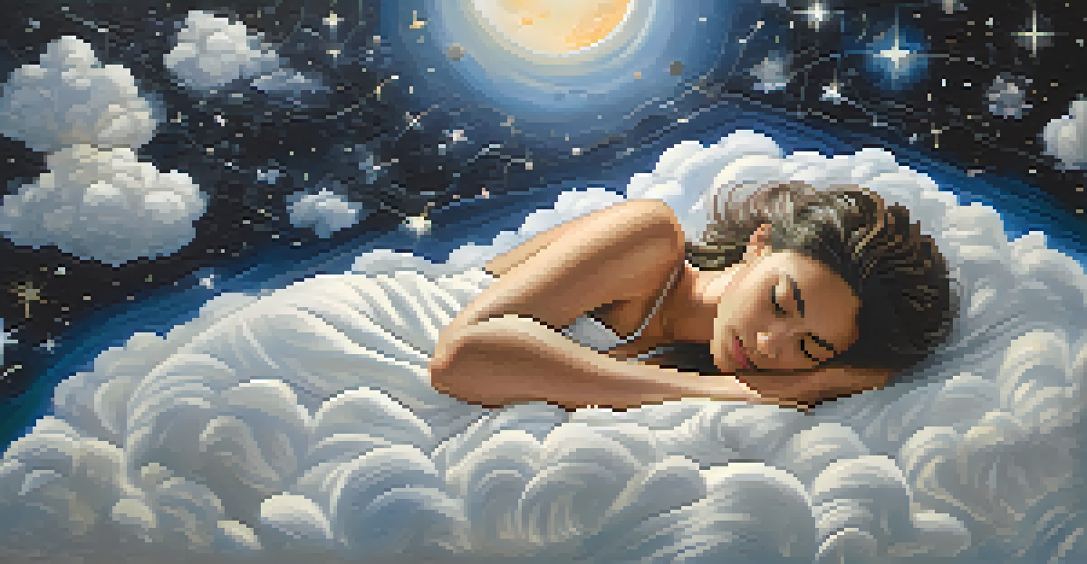 A peaceful sleeping person surrounded by dream-like clouds and stars, conveying tranquility.