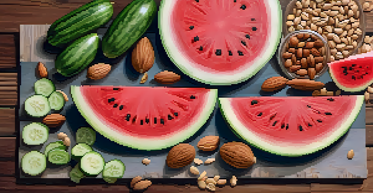 A flat lay of a colorful meal featuring watermelon, cucumber, and nuts on a wooden table, emphasizing hydration and health.