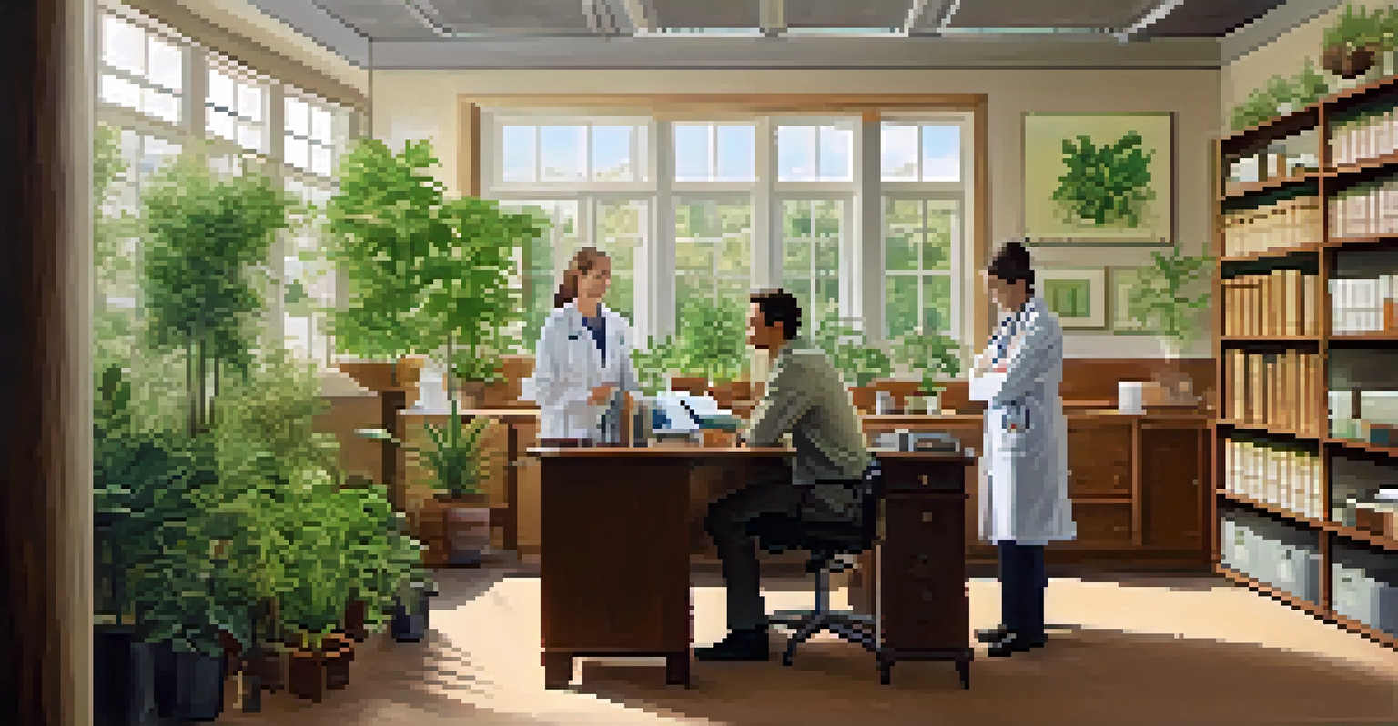 A split scene showing a naturopath discussing herbal remedies and a doctor providing treatment in a clinical setting.
