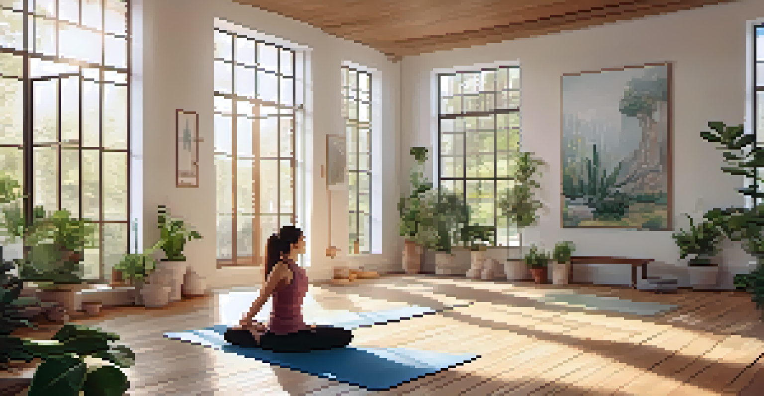 A peaceful yoga scene in a bright room with a person practicing yoga surrounded by plants and candles.