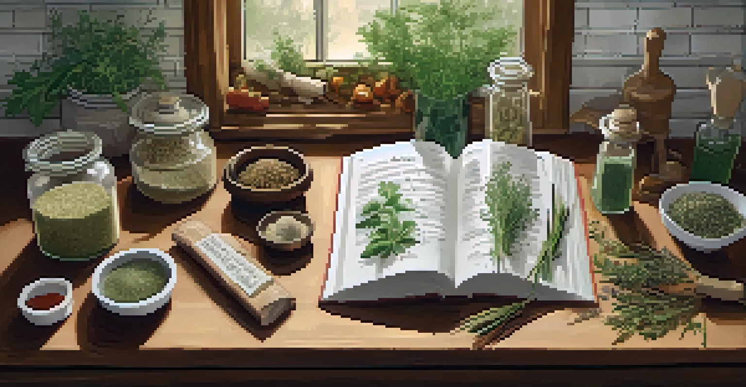 An overhead view of a kitchen with jars of dried herbs, a mortar and pestle, fresh vegetables, and an open recipe book.