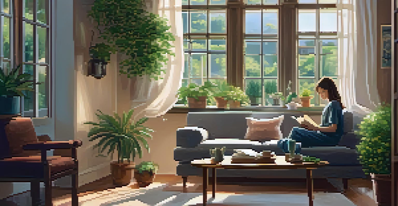 A cozy living room with a person reading by a window, surrounded by plants and a cup of tea.
