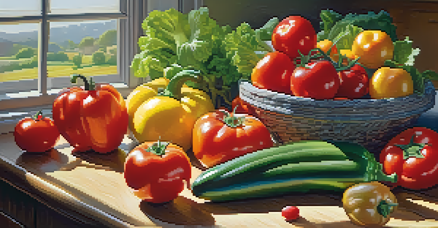 A colorful arrangement of fresh fruits and vegetables on a wooden kitchen table, showcasing vibrant colors and textures.