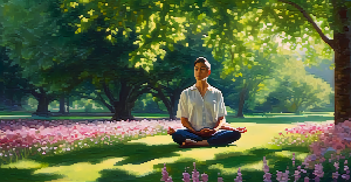 A person meditating in a peaceful park with greenery and flowers, sunlight creating a gentle light effect.