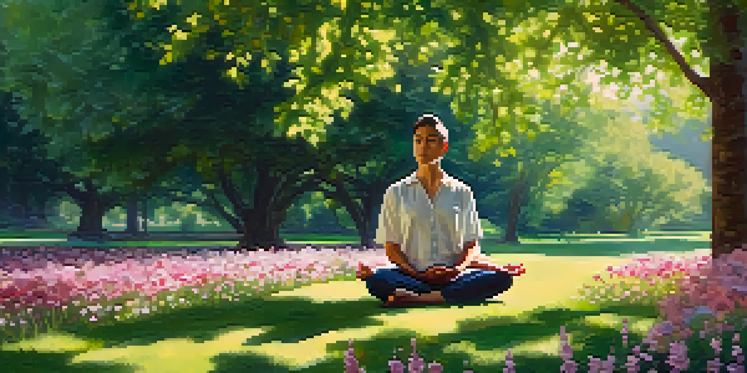 A person meditating in a peaceful park with greenery and flowers, sunlight creating a gentle light effect.