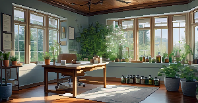 A naturopathic practitioner consulting with a patient in a bright, plant-filled room, surrounded by homeopathic remedies and herbs.