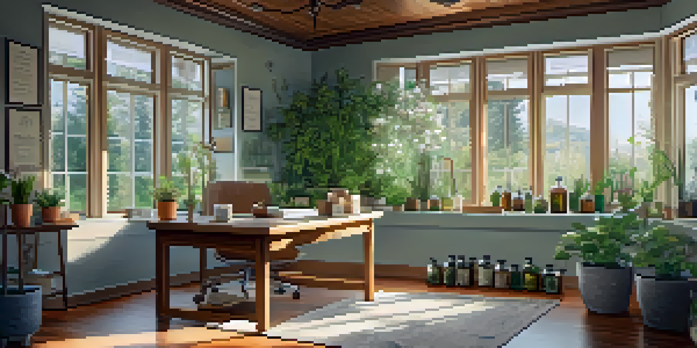 A naturopathic practitioner consulting with a patient in a bright, plant-filled room, surrounded by homeopathic remedies and herbs.
