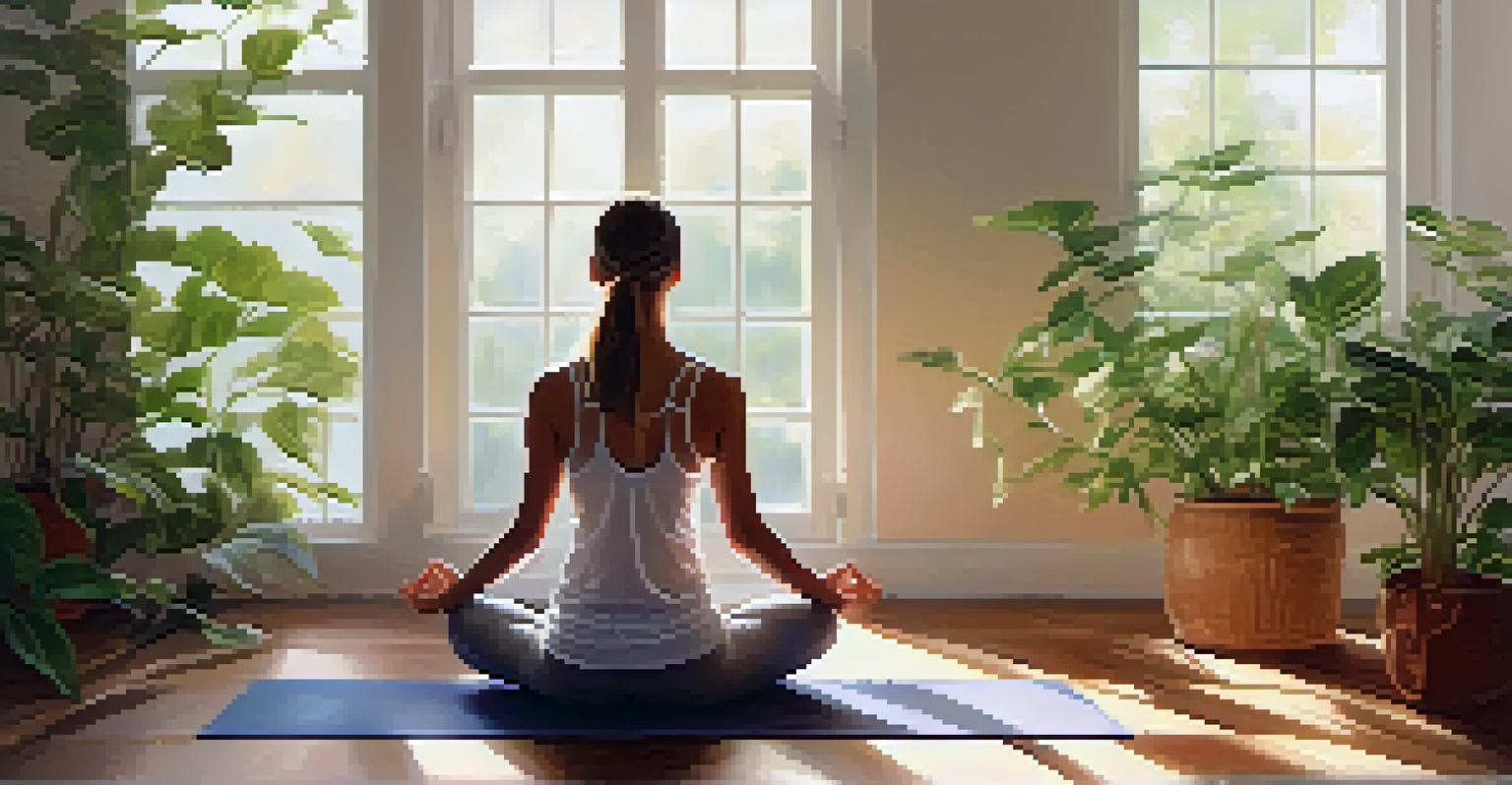 A person practicing yoga in a bright, plant-filled room, creating a peaceful and calming environment.
