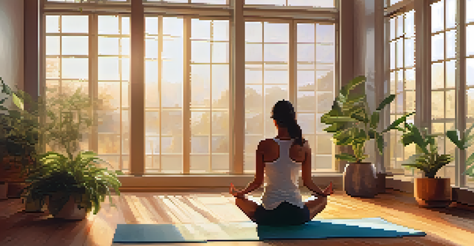 A woman practicing yoga in a bright room filled with plants, illustrating peace and balance.