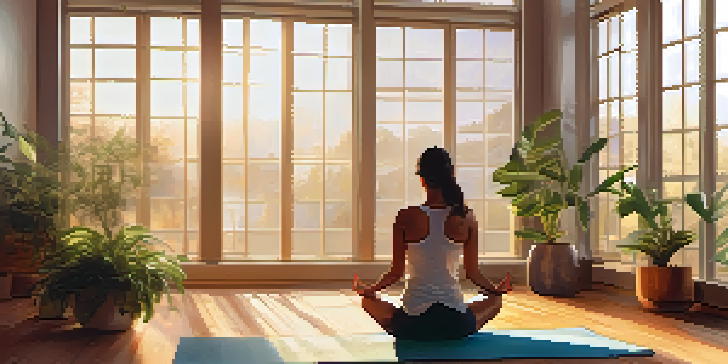 A woman practicing yoga in a bright room filled with plants, illustrating peace and balance.
