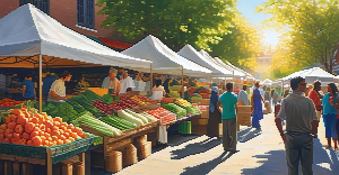 A bustling market filled with colorful organic fruits and vegetables, with people interacting with vendors under warm sunlight.
