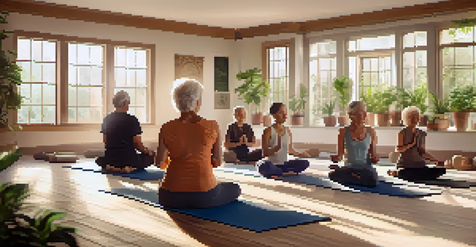 Elderly participants practicing yoga in a sunlit room filled with plants, creating a calm and peaceful atmosphere.