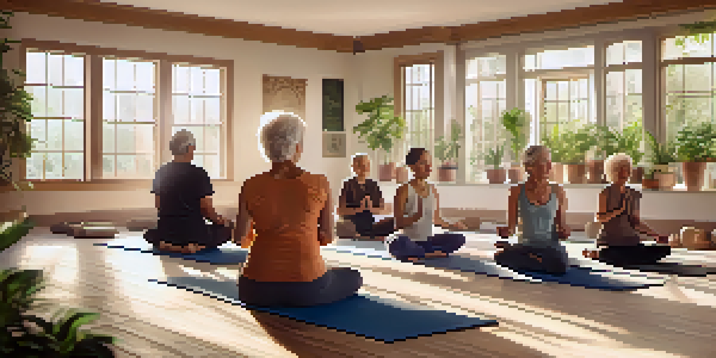 Elderly participants practicing yoga in a sunlit room filled with plants, creating a calm and peaceful atmosphere.